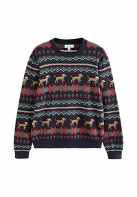 Navyblauer Pullover mit einem Feiertagsdesign, das braune Hunde in roten Hüten zeigt, ergänzt durch grüne und rote florale Muster sowie geometrische Details.