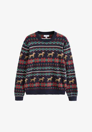 Navy blue sweater featuring a holiday design with brown dogs wearing red hats, accented by green and red floral patterns and geometric details.