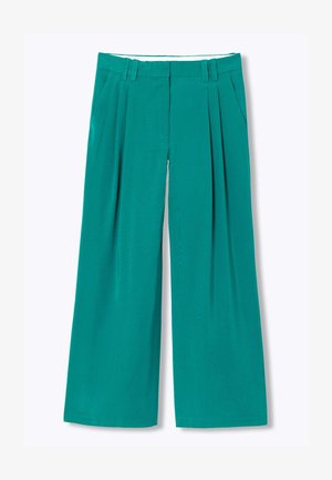 Pantalon large couleur sarcelle avec plis sur le devant, poches latérales, passants pour ceinture et fermeture avant dissimulée.