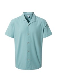 Short-sleeve shirt in light blue textured fabric, with a collared neckline and five button fastenings down the front.