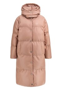 Dunjacka i mjuk rosa med hög krage, tryckknappar, två sidofickor och en avslappnad passform. Slät ytstruktur.