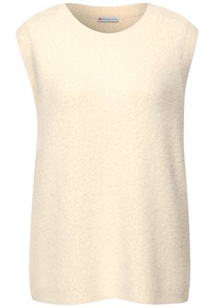 Top senza maniche di un beige chiaro con scollatura rotonda, realizzato in tessuto morbido, caratterizzato da un design semplice e senza ulteriori accenti.