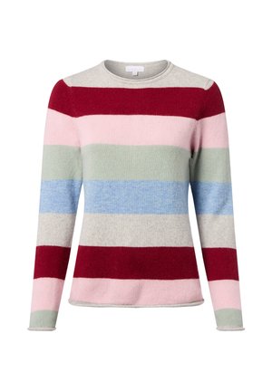 Wzorzysty sweter w odcieniach czerwieni, różu, zieleni, niebieskiego i szarości. Posiada okrągły dekolt i długie rękawy, wykonany z miękkiego materiału.