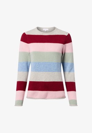 Wzorzysty sweter w odcieniach czerwieni, różu, zieleni, niebieskiego i szarości. Posiada okrągły dekolt i długie rękawy, wykonany z miękkiego materiału.