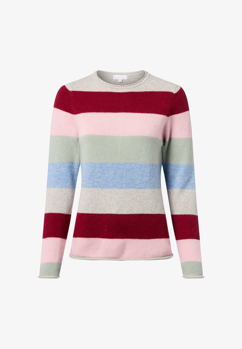 Gestreifter Pullover in den Farben Rot, Pink, Grün, Blau und Grau. Mit Rundhalsausschnitt und langen Ärmeln, aus einem weichen Material gefertigt.