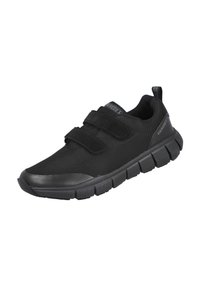 Zapatilla deportiva negra con parte superior de malla, dos correas de velcro y suela de goma texturizada con ranuras horizontales para mejor agarre.