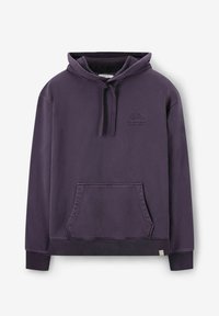 Paarse hoodie met een voorzak en trekkoorden, voorzien van subtiele geborduurde tekst op de borst en ribgebreide manchetten en zoom.