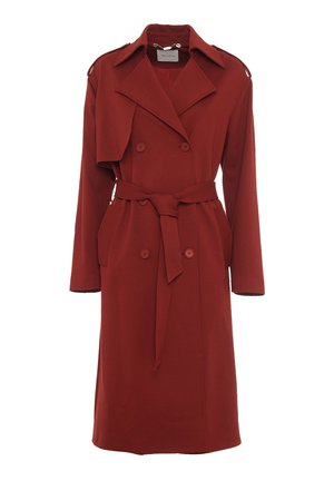 Red double-breasted trench coat made of soft fabric, featuring a belted waist, notched collar, and shoulder epaulets.