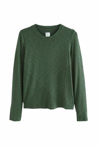 Long-sleeve crew neck top in textured dark green fabric, featuring a relaxed fit and subtle ribbing on sleeves and body.
