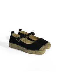 Schwarze Wildleder-Espadrilleschuhe mit einer gewebten Jutesohle. Verfügt über zwei verstellbare Riemen und eine runde Zehenpartie. Flaches Design.