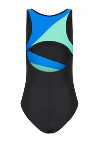 Endelad baddräkt med svart bas och geometrisk färgblockering i blått och mintgrönt. Slät textur, racerback-design och utskärningar.