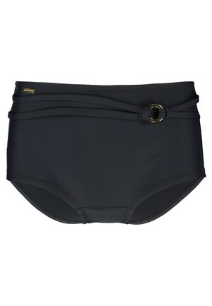 Schwarze hoch taillierte Bikinihose mit Raffung, goldener Ringdekor am Bund und glattem, dehnbarem Stoff.