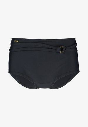 Schwarze hoch taillierte Bikinihose mit Raffung, goldener Ringdekor am Bund und glattem, dehnbarem Stoff.