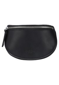 Czarna skórzana saszetka o zaokrąglonym kształcie, srebrny zamek błyskawiczny i wytłoczone logo. Gładka tekstura z widocznymi szwami wzdłuż krawędzi.