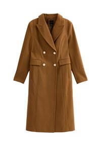 Bruine wolmix dubbele breasted jas met grote toegesneden kraag, twee voorzakken en decoratieve knopen. Gladde textuur en op maat gemaakt ontwerp.