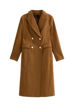 Cappotto doppio petto in misto lana marrone con ampio colletto a rever, due tasche frontali e bottoni decorativi. Texture liscia e design su misura.