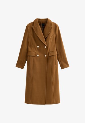 Cappotto doppio petto in misto lana marrone con ampio colletto a rever, due tasche frontali e bottoni decorativi. Texture liscia e design su misura.