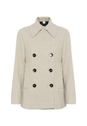 Cappotto in lana beige con design doppiopetto, grande colletto e sei bottoni scuri; presenta due tasche laterali e una silhouette dritta.