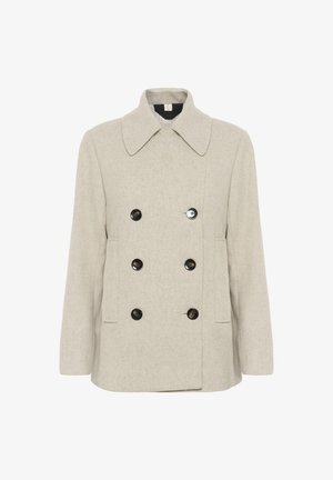 Beež villane mantel topeltkinnise disainiga, suure kraega ja kuue tumeda nööbiga; sisaldab kahte küljetaskut ja sirget siluetti.