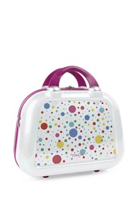 Maleta infantil rígida con cuerpo blanco, asa morada y patrón de lunares coloridos. Presenta una forma redondeada y detalles metálicos plateados.