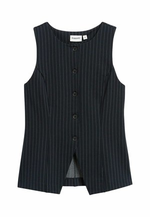 Hihaton musta pinstripe-liivi, jossa on kuusi nappia edessä ja pieni halkio helman etuosassa.