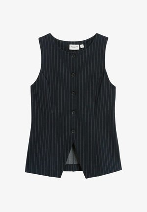 Hihaton musta pinstripe-liivi, jossa on kuusi nappia edessä ja pieni halkio helman etuosassa.