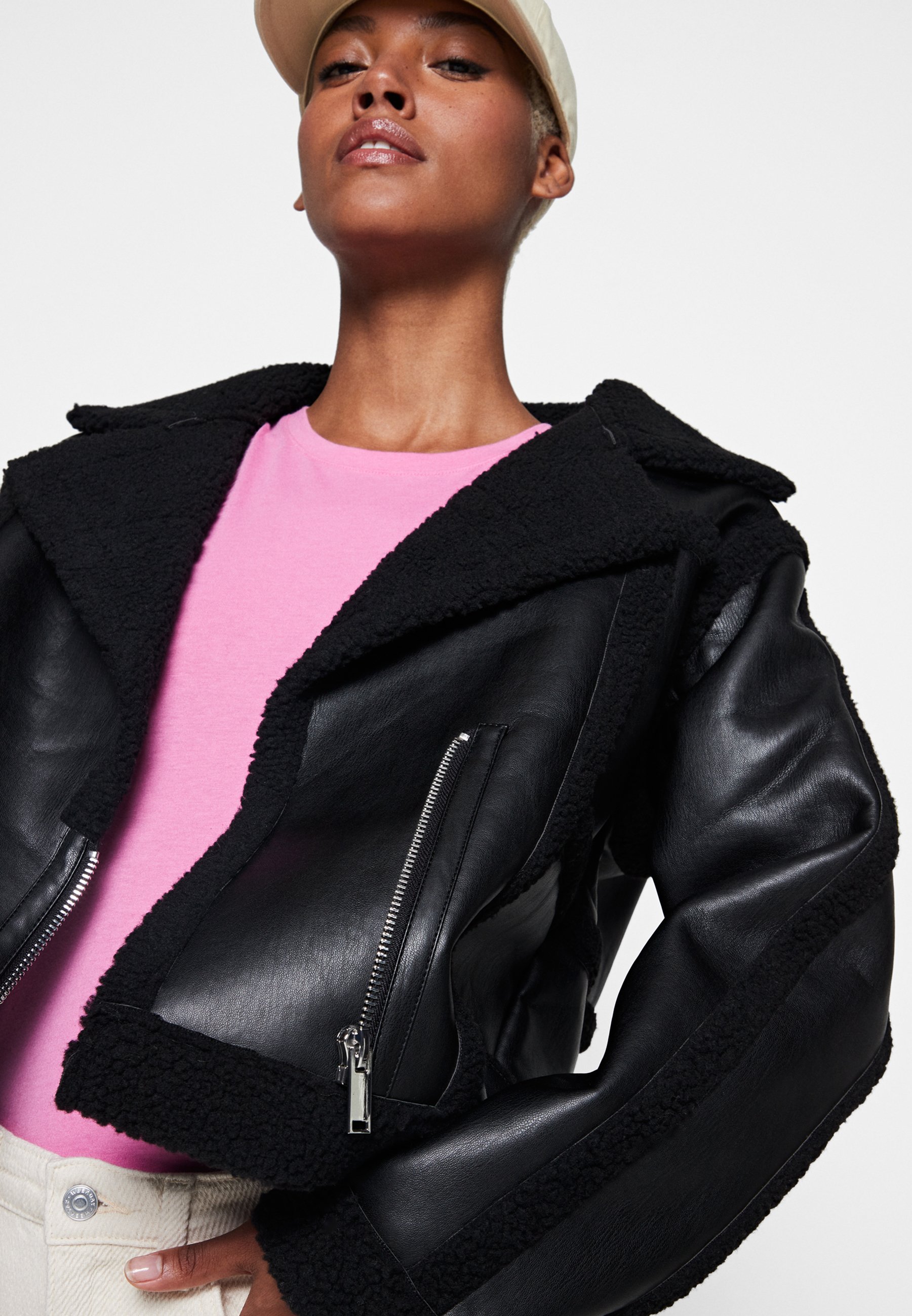 black biker jacket faux fur