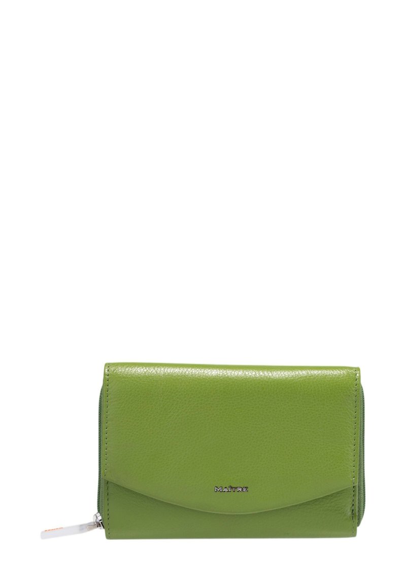 Grünes Lederportemonnaie mit strukturiertem Finish, einer Klappe im Kuvert-Stil und silbernem Logo-Detail auf der Vorderseite. Mit Reißverschluss auf einer Seite.