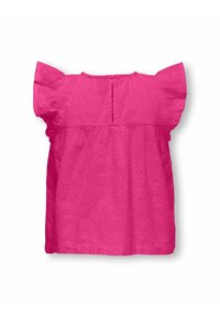 Blouse en coton rose avec un motif floral brodé, manches courtes à volants et fermeture par boutons dans le dos. Ourlet légèrement évasé.