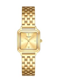 Kuldne ruudukujuline käekell poleeritud kellega, õhukeste tunni markeritega ja lingitud käevõru rihmaga. Omab krooniga seadistusi.