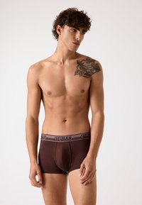 Brązowe męskie bokserki z kontrastującą gumką z nazwą marki "GUESS". Materiał wydaje się gładki i elastyczny. Model ma tatuaż na ramieniu.