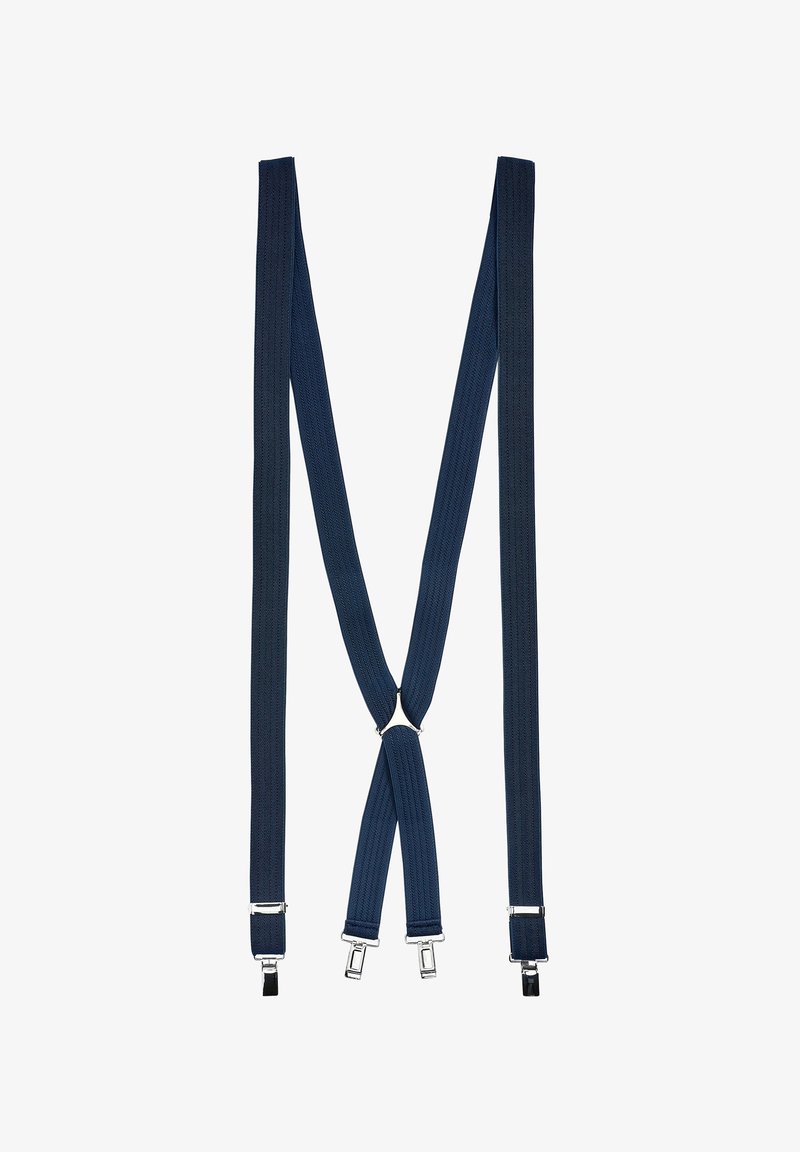 Marineblaue Hosenträger aus strukturiertem Stoff, mit Metallclips an den Enden und einem zentralen Metallverbinder, der eine 'M'-Form bildet.
