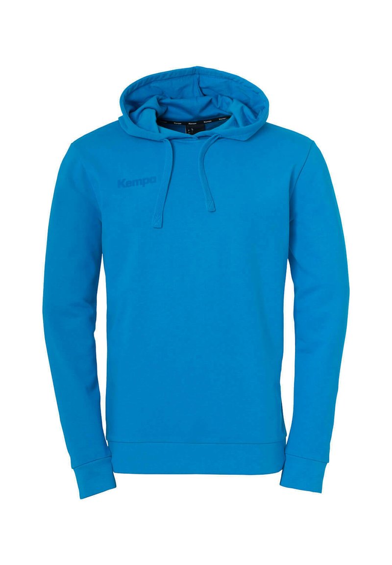 Blå hættetrøje med snøre i hætten, lange ærmer og manchetter. Har et diskret logo på brystet og et glat, tekstureret stof.