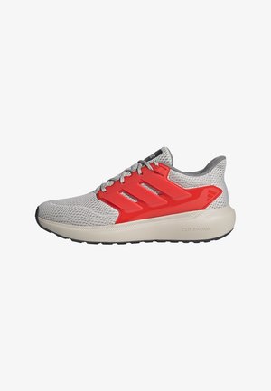 Gray mesh athletic shoe with red synthetic accents, lace-up closure, cushioned sole marked "CLOUDFOAM," and sleek silhouette.