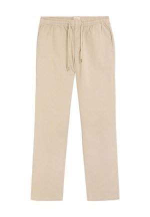 Pantalones beige casual con cintura elástica y cordón, piernas rectas y bolsillos laterales.
