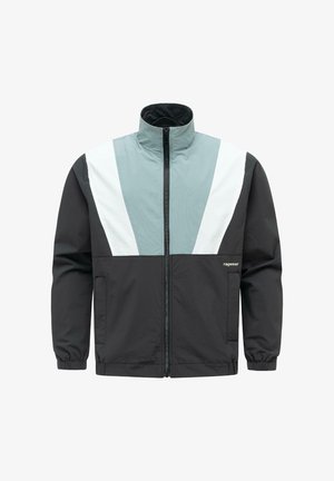 Zwarte jas met lichtblauwe en witte schuine panelen op de borst, een volledige rits aan de voorkant, zijzakken en een opstaande kraag.