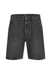 Pantalones cortos de mezclilla negros con un diseño clásico de cinco bolsillos, que cuentan con un cierre de botón y detalles de costura sutiles en la cinturilla y los bolsillos.