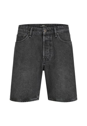 Zwarte denimshorts met een klassieke vijf-pocket ontwerp, voorzien van een knoopsluiting en subtiele stiksels op de tailleband en zakken.
