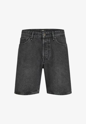 Zwarte denimshorts met een klassieke vijf-pocket ontwerp, voorzien van een knoopsluiting en subtiele stiksels op de tailleband en zakken.