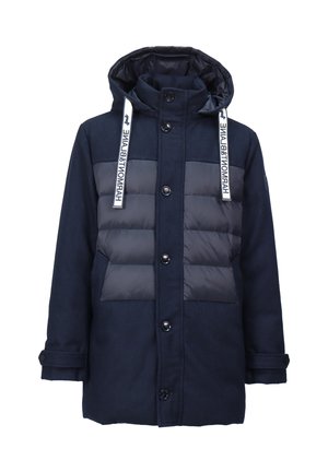 Navy parka jacket with a padded front, button closure, drawstring hood, and two side pockets. Features a smooth fabric with a contrasting texture.