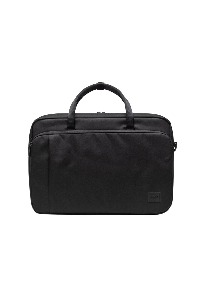 Black laptop bag with a rectangular shape, smooth fabric texture, two top handles, and a front zipper pocket. Features a brand logo patch.