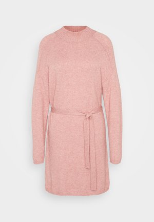 Light pink knitted dress with a high neck, long sleeves, and a tied waist belt. Features a relaxed fit and ribbed hem details.