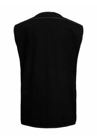 Svart ärmlös väst med krage, med vit sömnad längs kanterna, visad bakifrån på en vit bakgrund.