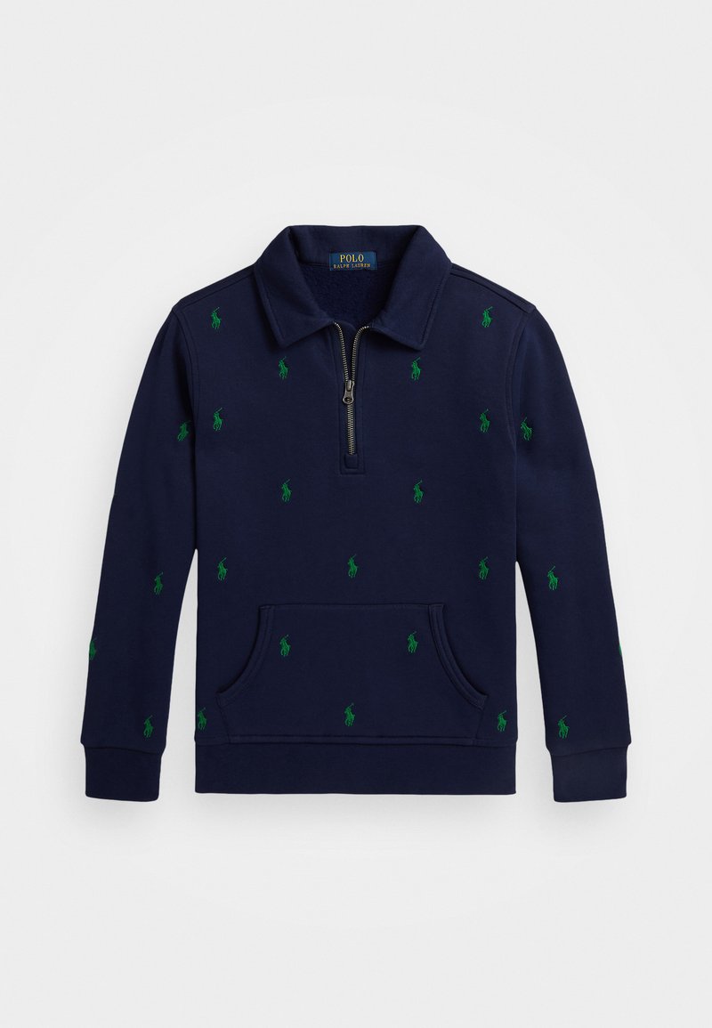Sweatshirt azul-marinho com colarinho com fecho, logos de cavalo bordados em verde, bolso frontal e punhos canelados. O tecido texturizado proporciona calor.