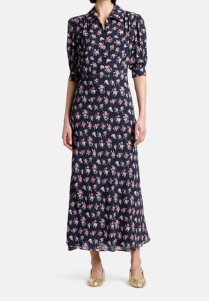 Marineblaue Maxikleid mit Blumenmuster, Puffärmeln, Kragen und tailliertem Schnitt. Verziert mit verstreuten rosa und weißen Blumenmustern.
