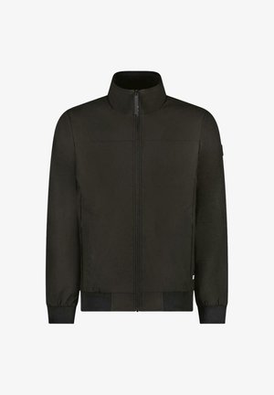 Zwarte jas met een hoge kraag, ritssluiting aan de voorkant, geribbelde manchetten en een gladde textuur, ontworpen met zijzakken en minimalistische accenten.