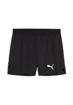 Czarne sportowe szorty z elastycznym pasem i białym logo Puma na dolnej lewej nodze.