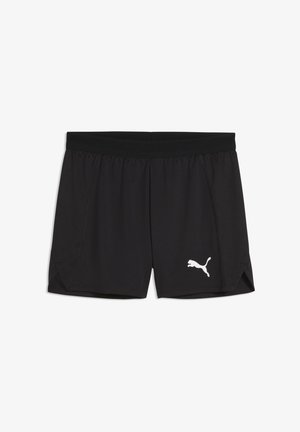 Czarne sportowe szorty z elastycznym pasem i białym logo Puma na dolnej lewej nodze.