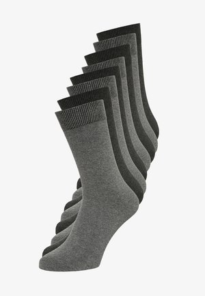 Ten pairs of socks in varying shades of gray. Ribbed cuffs, soft texture, medium length, and seamless toe construction.