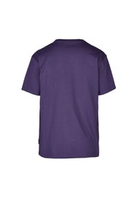 Lila Baumwoll-T-Shirt, kurze Ärmel, runder Hals, schlichtes Design. Glatte Textur, keine sichtbaren Muster oder Hardware. Rückansicht gezeigt.